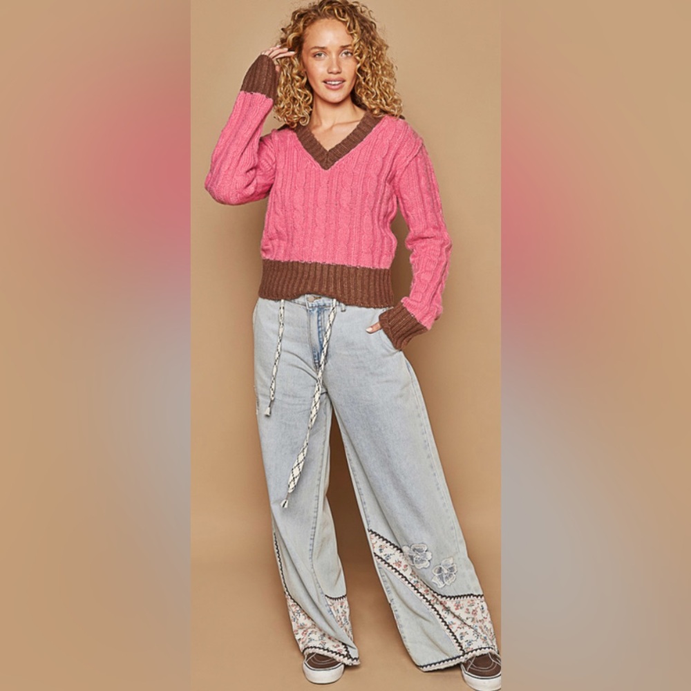 POL V-neck with collar, long sleeves, regular fit, pullover sweater Size: Multi